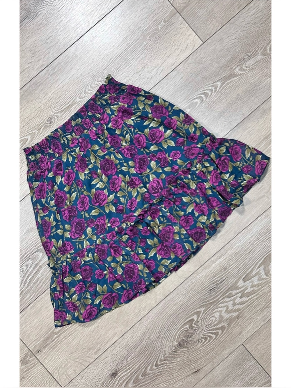NWT Blue Pepper Dark Floral Flowy Tiered Skirt Elastic Waist